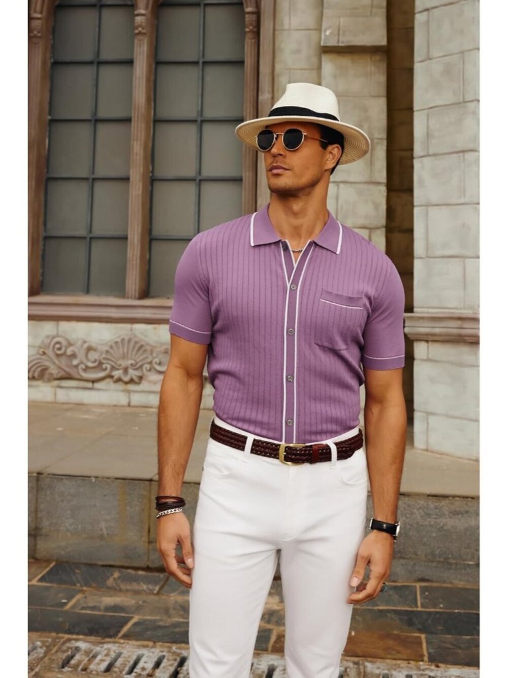 Men's Purple Short Sleeve 70s Vintage Polo Contrast Knit Retro Top Casual Shirt - Picture 3 of 6